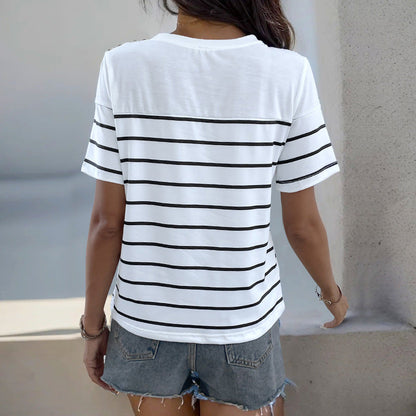 Damen T-Shirt Streifen Dekorative Knöpfe Weiß