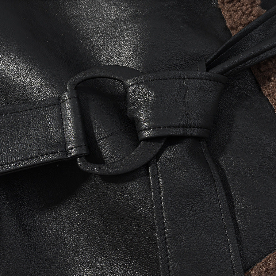 Damen Kunstlederjacke Teddyfutter Bindegürtel