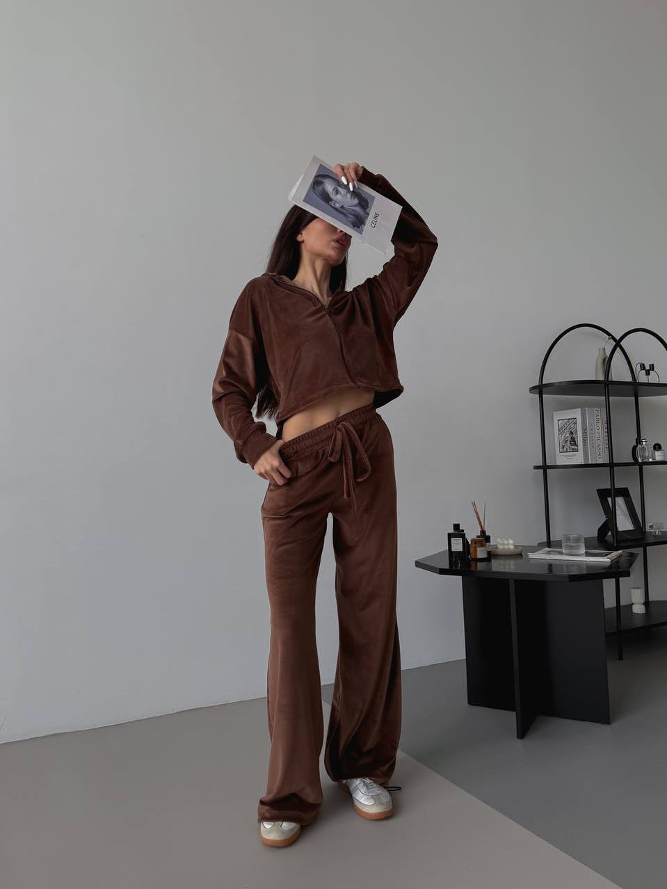 Damen Velours Freizeitanzug Cropped Oberteil Weites Bein