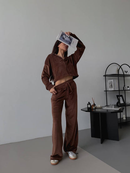 Damen Velours Freizeitanzug Cropped Oberteil Weites Bein