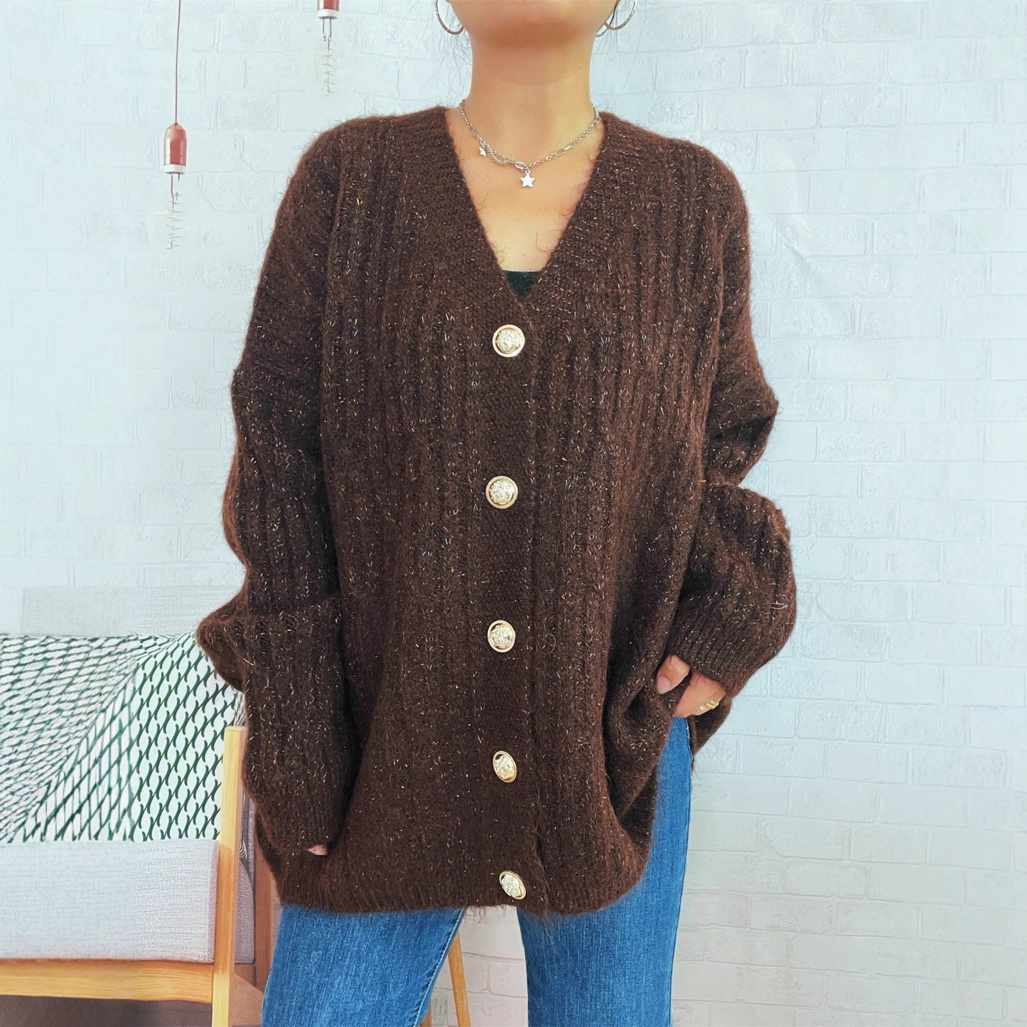 Damen Oversized Strickjacke Weiches Material Beige