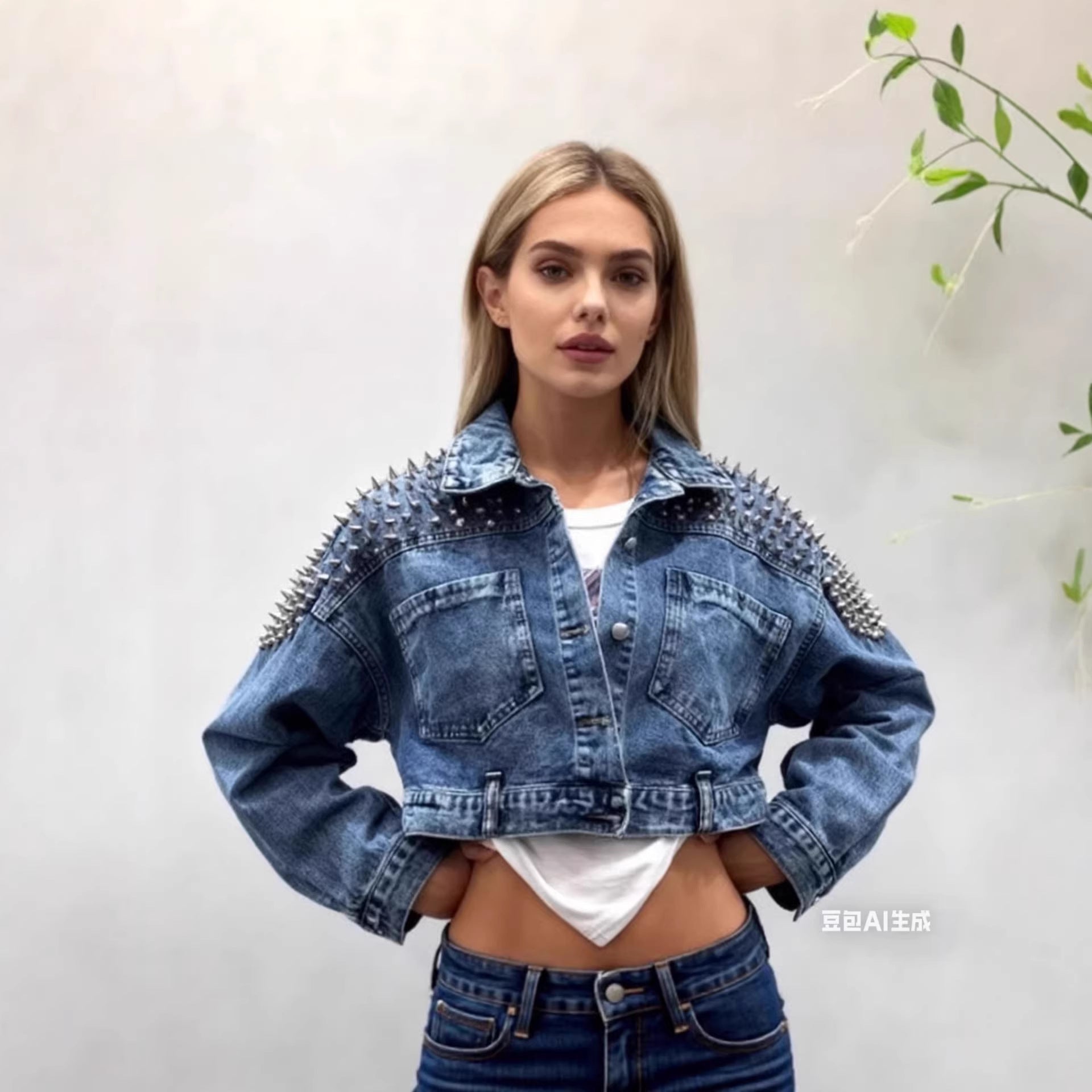 Damen Denimjacke Nietenverzierungen Blau - Norvielle
