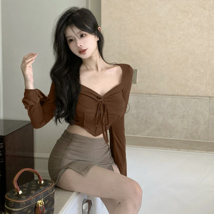 Damen Langarmshirt Cropped mit Schnürung Lässig