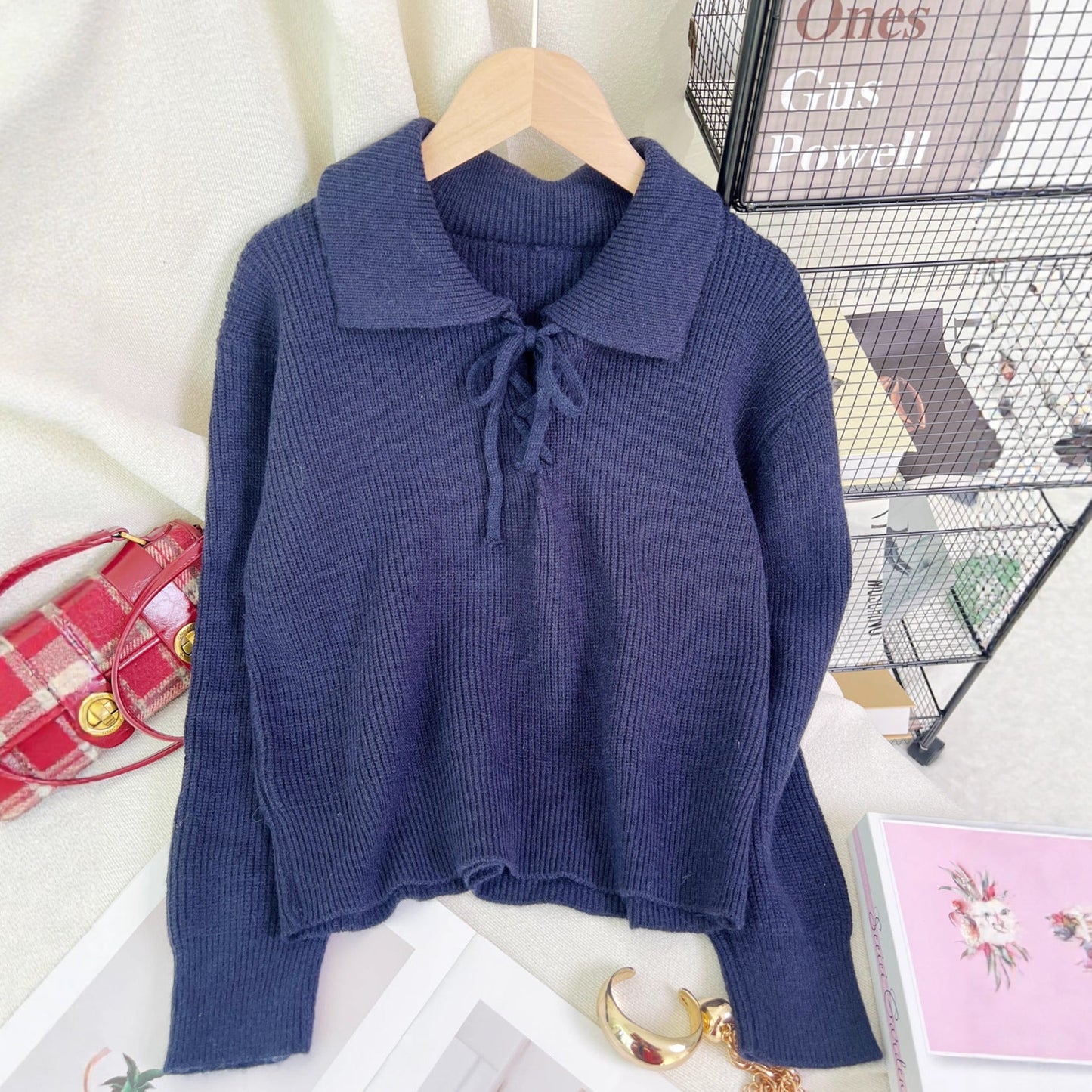 Damen Pullover Polokragen Kordelzug Norvielle