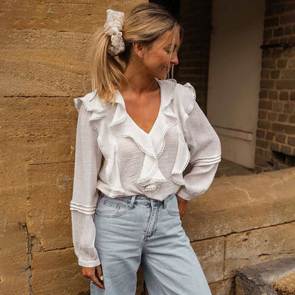 Damen Bluse Rüschendetails V-Ausschnitt Elegantes Design Norvielle - Norvielle