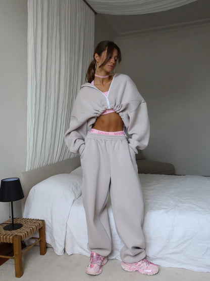 Damen Cropped Hoodie Jogginghose Set Weiches Fleece Norvielle