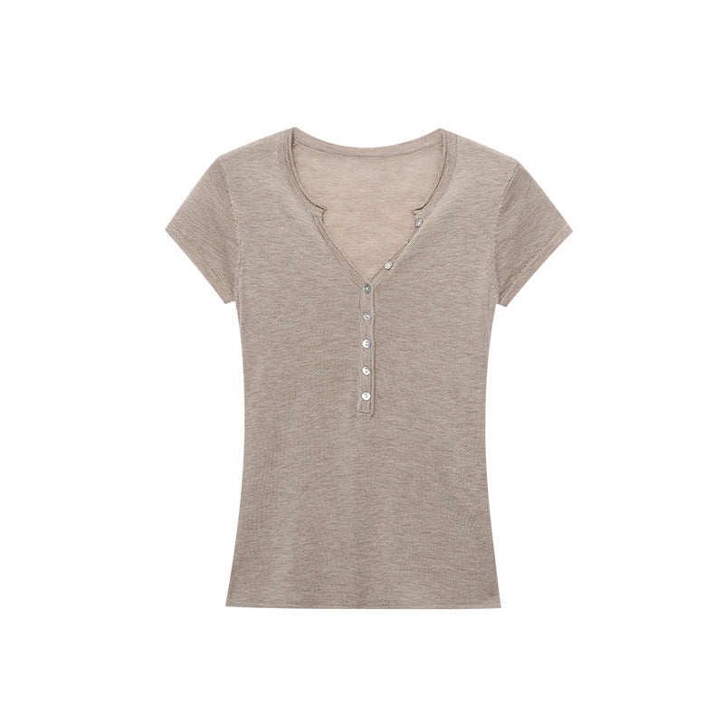 Damen Kurzarm Henley-Shirt Figurbetont Norvielle Baumwolle Weiß