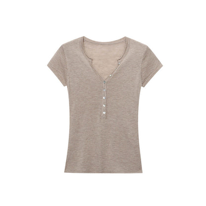 Damen Kurzarm Henley-Shirt Figurbetont Norvielle Baumwolle Weiß