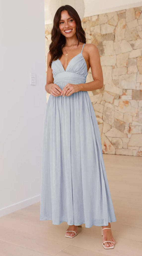 Damen Maxikleid V-Ausschnitt Fließender Rock
