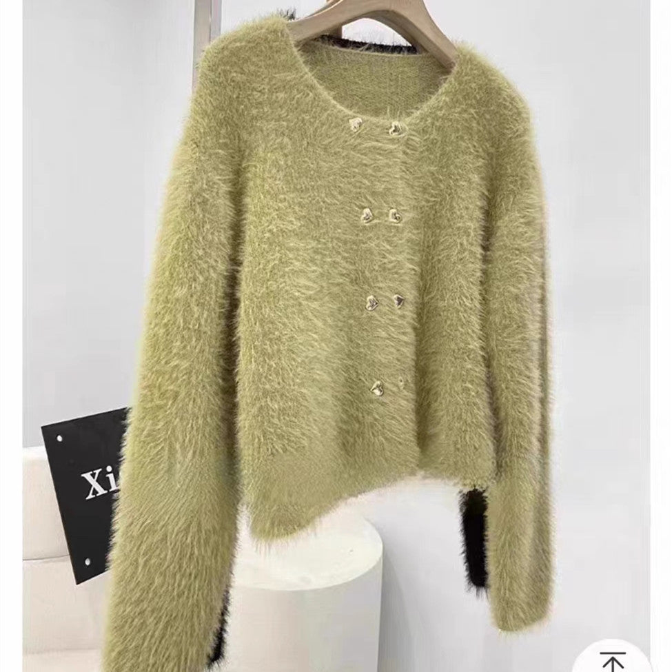 Damen Fluffy Cardigan Herzknöpfe Norvielle