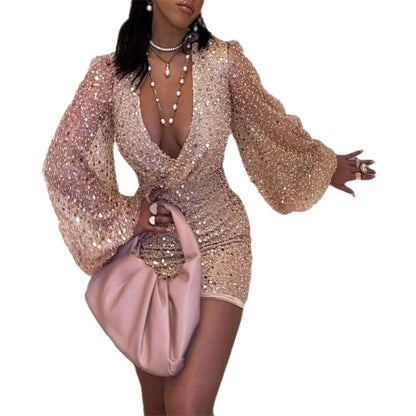 Damen Minikleid Glitzernd V-Ausschnitt Puffärmel Norvielle