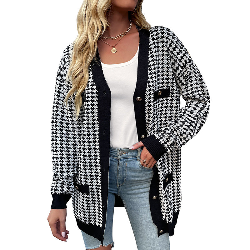 Damen Strickcardigan Lang Hahnentritt-Muster Große Knöpfe Beige