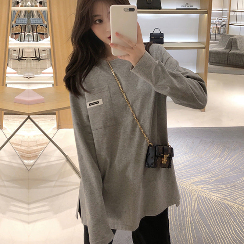 Damen Longsleeve-Shirt mit Tasche Baumwolle Beige