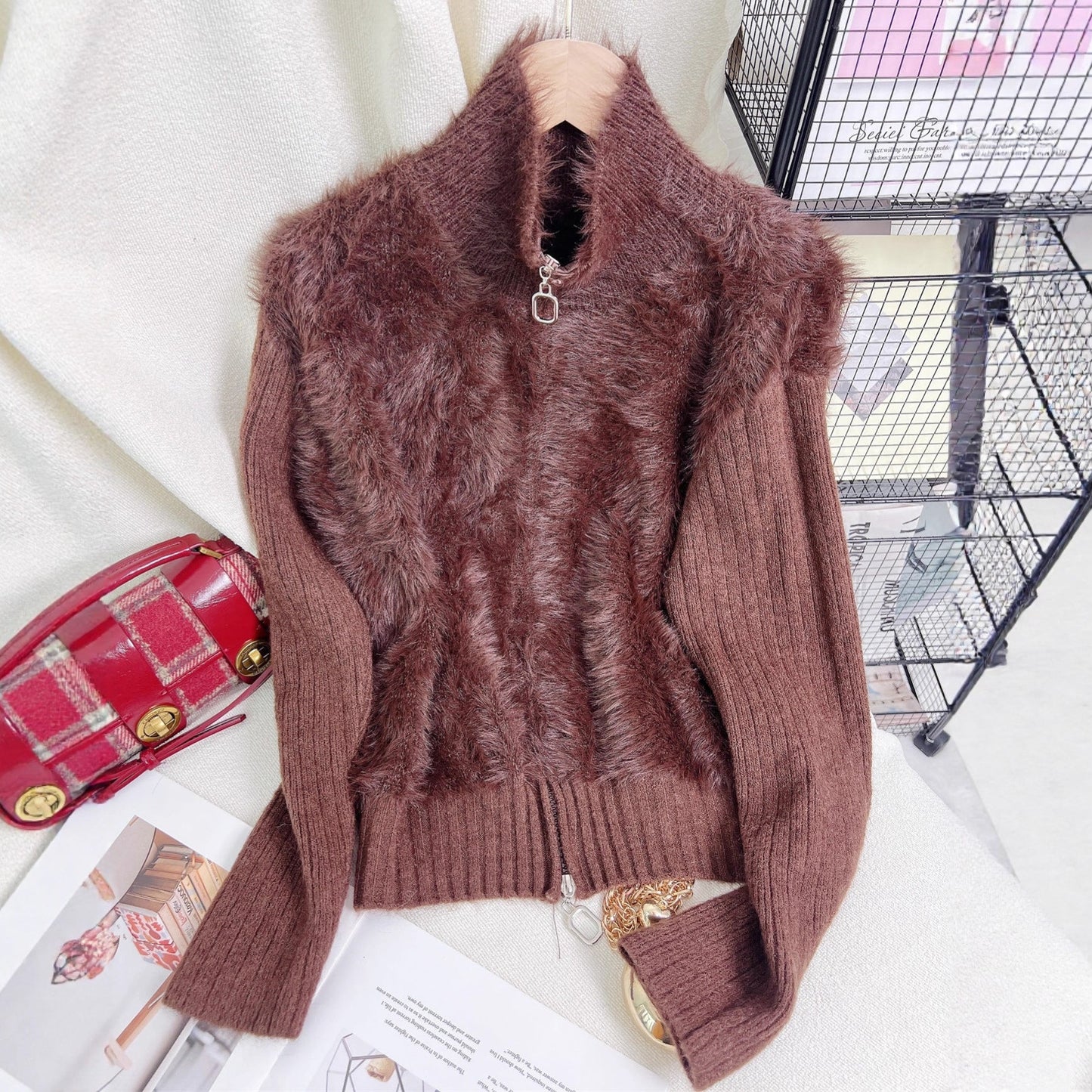 Damen Strickpullover Wärmeisolierend Hochkragen Fleece Einsätze Grau