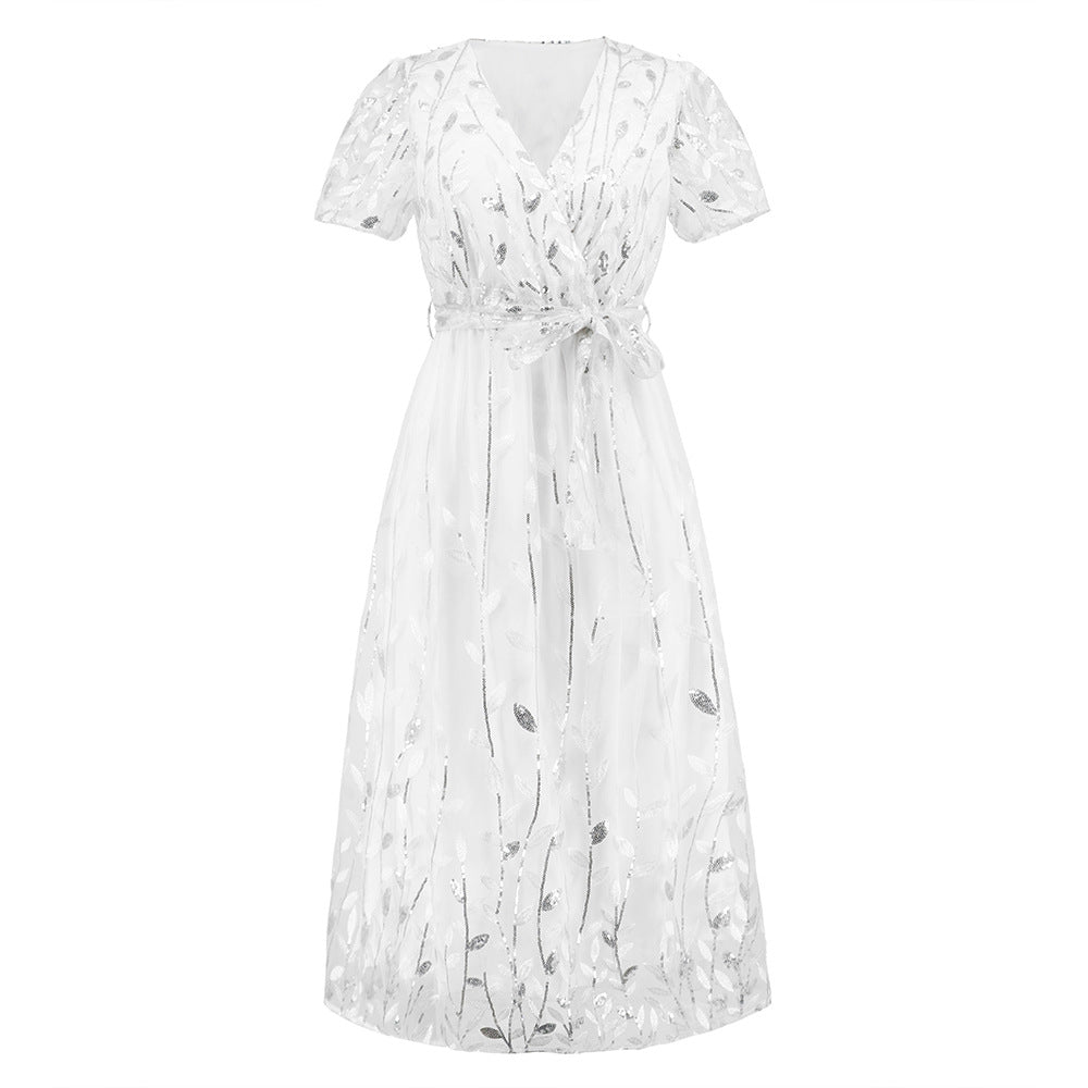 Norvielle Damen Midi Kleid V-Ausschnitt Kurzärmelig mit Gürtel