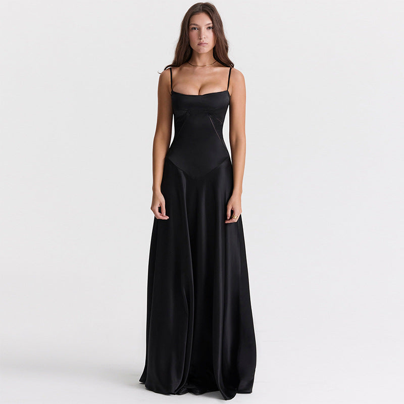Damen Satin Maxikleid mit Trägern Figurbetont