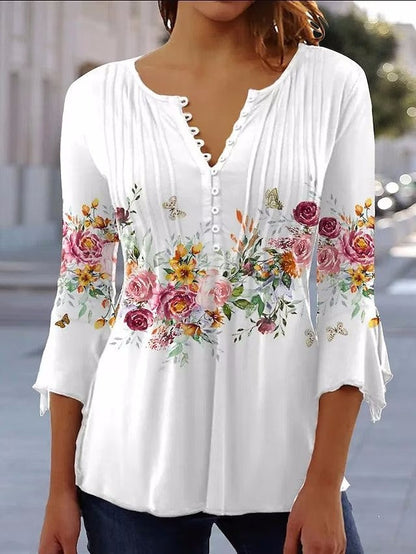 Damen Bluse Floralmuster Knöpfe Norvielle - Norvielle
