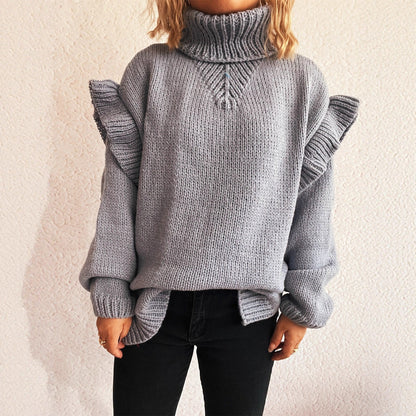 Damen Strickpullover Rüschen-Details Hochkragen Norvielle