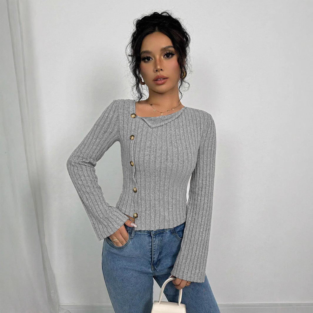 Damen Pullover Asymmetrischer Ausschnitt Knöpfe Norvielle
