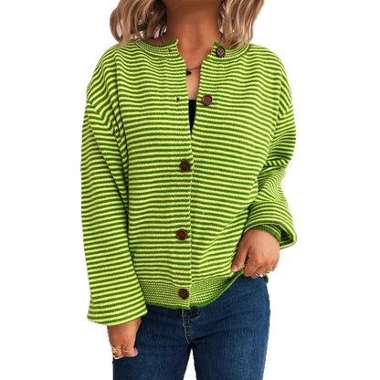 Damen Strickcardigan Gestreift Mit Hochem Kragen Dekorative Knöpfe