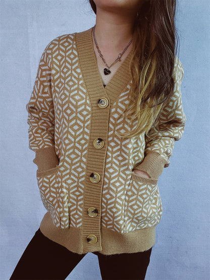 Damen Strickjacke Geometrisches Muster Goldton Norvielle