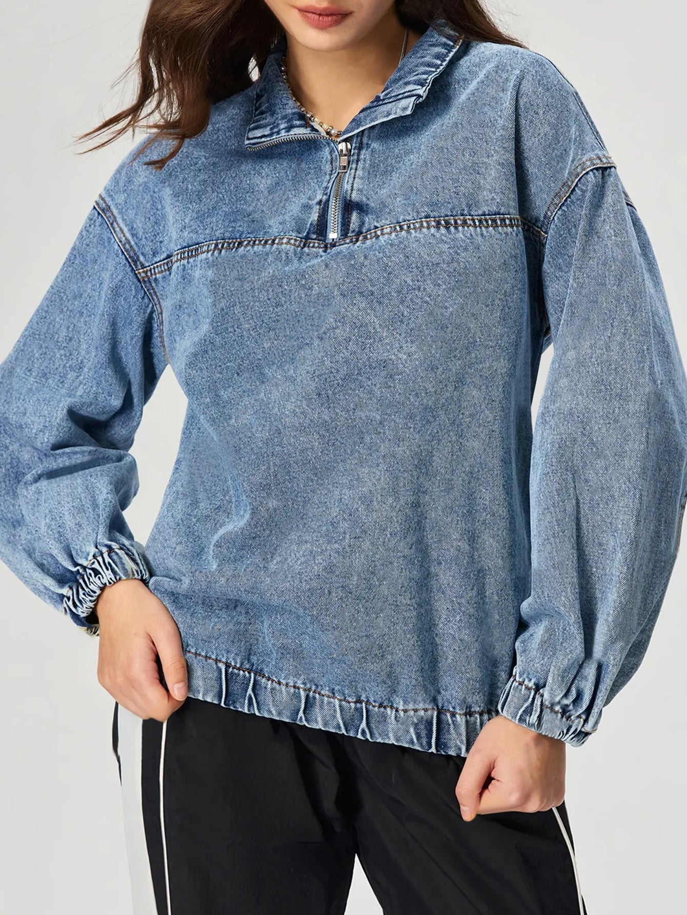 Damen Denim-Pullover Stehkragen Reißverschluss
