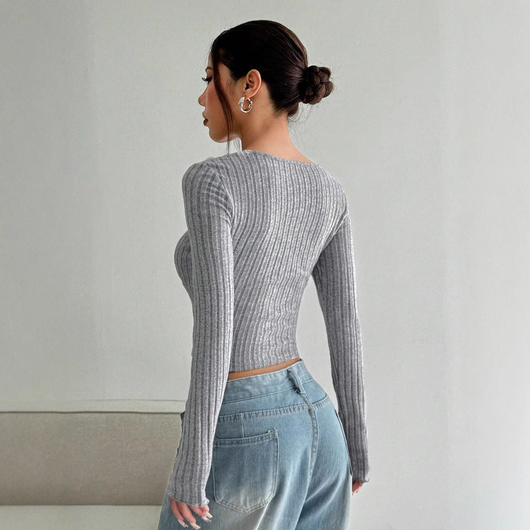 Damen Langarm Crop- Rippstruktur V-Ausschnitt Norvielle