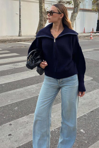 Damen Oversized Strickjacke Norvielle Hochkragen Reißverschluss