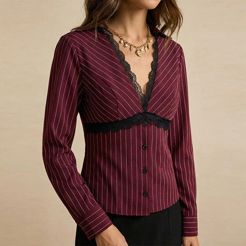 Damen Blusenshirt Spitzen- und Streifenmuster Elegantes Design Weiß