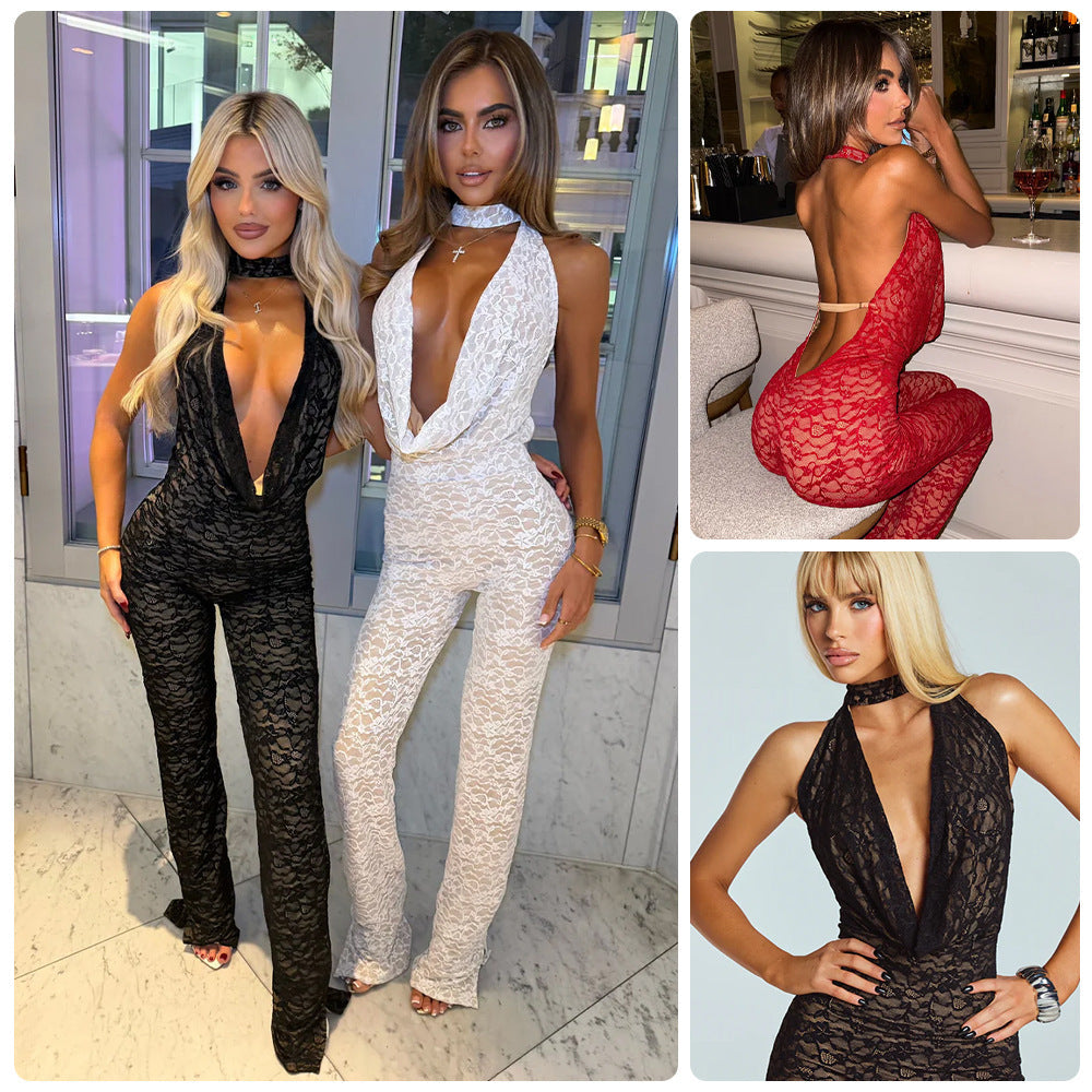 Damen Jumpsuit Spitze V-Ausschnitt Eleganter Rücken Schwarz Norvielle - Norvielle