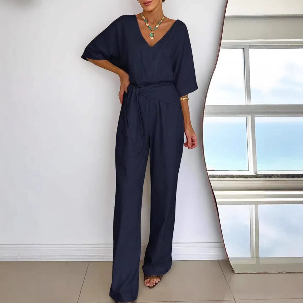 Damen Jumpsuit Tailliert Wickelgürtel Elegant