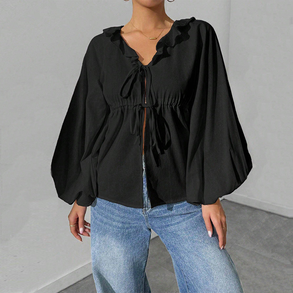Damen Shirtjacke Blusenstyle Voluminöse Ärmel Rüschen Norvielle