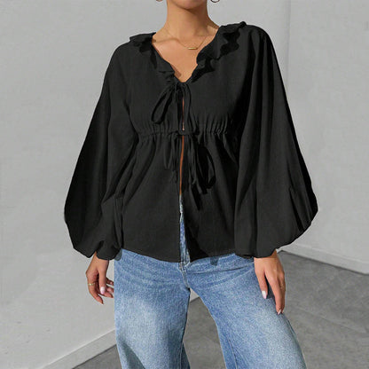 Damen Shirtjacke Blusenstyle Voluminöse Ärmel Rüschen Norvielle
