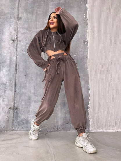 Damen Sportliches Velours-Cropped-Set mit Reißverschluss und
