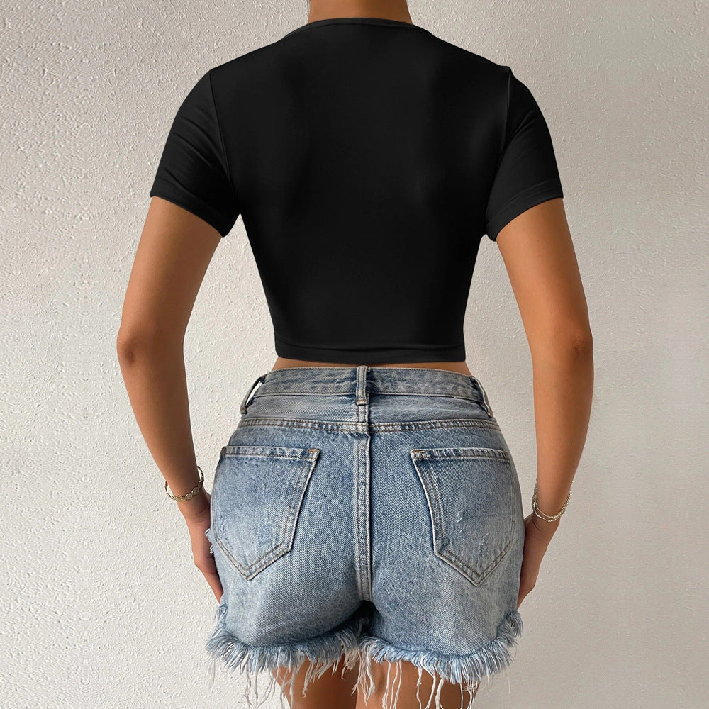 Damen V-Ausschnitt T-Shirt Cropped Wickeldesign Norvielle