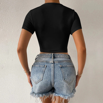 Damen V-Ausschnitt T-Shirt Cropped Wickeldesign Norvielle