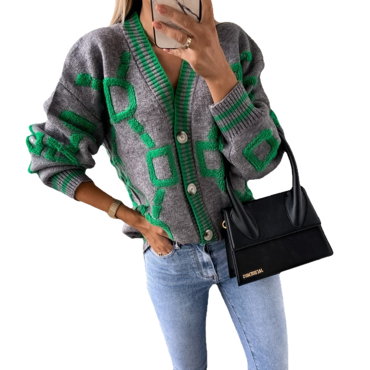 Damen Cardigan Geometrisches Muster Knopfleiste Norvielle