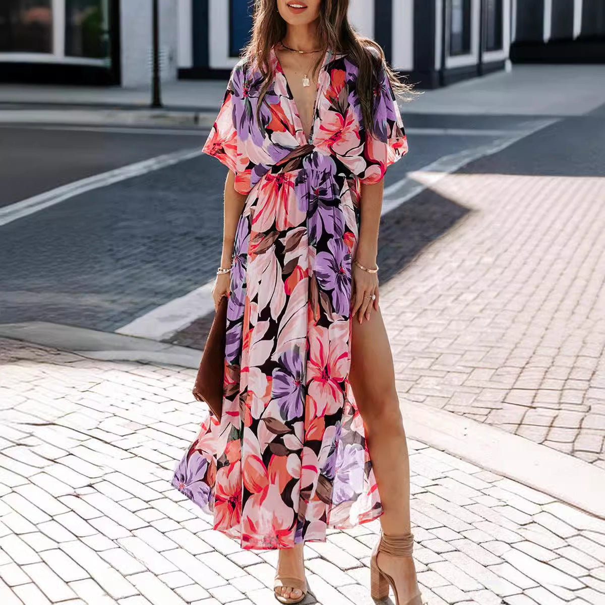 Damen Maxi-Kleid V-Ausschnitt Seitenschlitz Norvielle