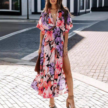 Damen Maxi-Kleid V-Ausschnitt Seitenschlitz Norvielle