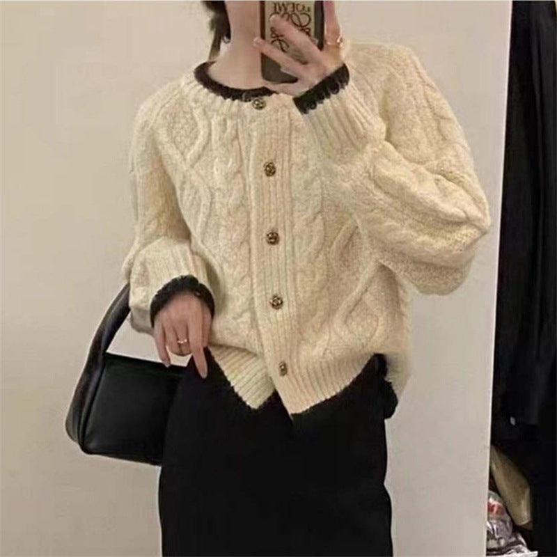 Damen Grobstrickcardigan Zopfmuster Elegante Knöpfe Beige
