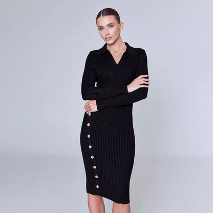 Damen Strickkleid mit Knöpfen V-Ausschnitt Norvielle