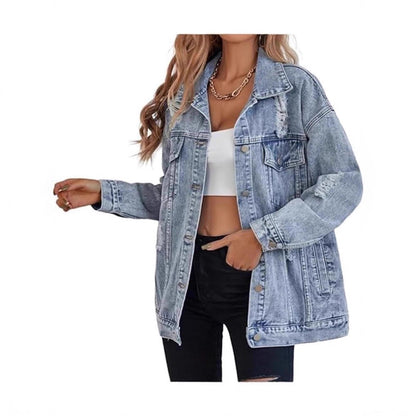 Damen Oversized Denimjacke Ripped Details Blau - Norvielle