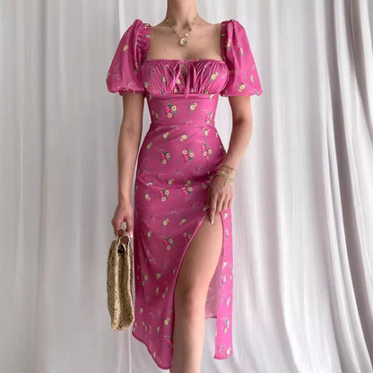 Damen Maxikleid Blütenmuster Puffärmel Hoch Beinschlitz Norvielle