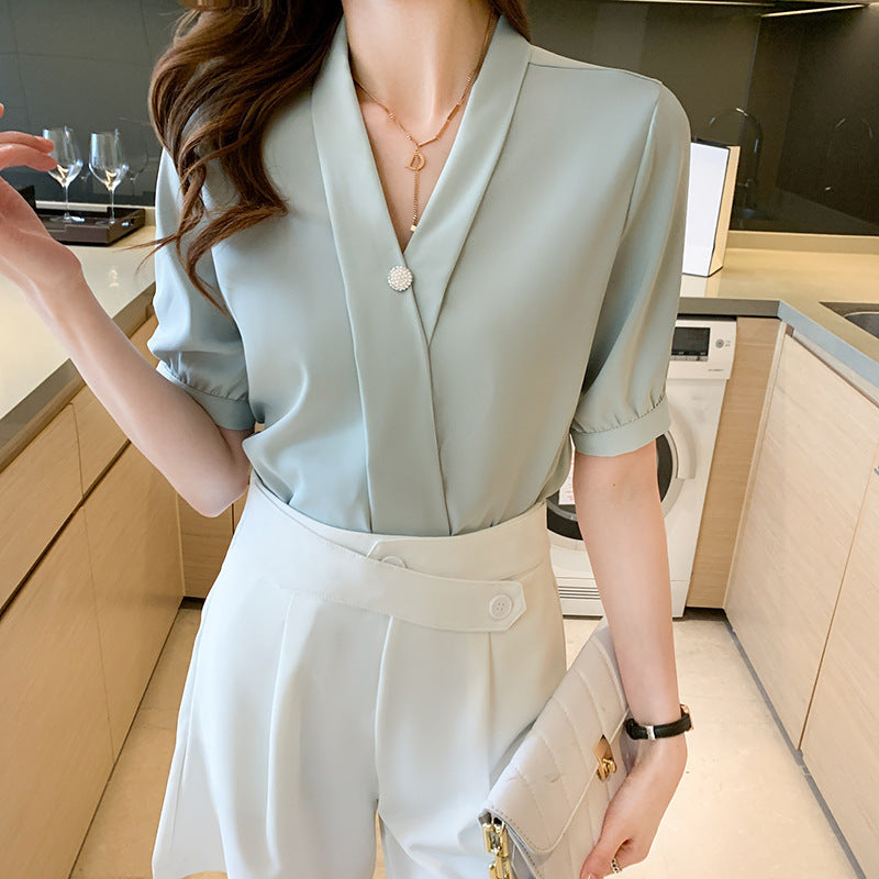 Damen Bluse V-Ausschnitt Dekorativer Knopf Norvielle