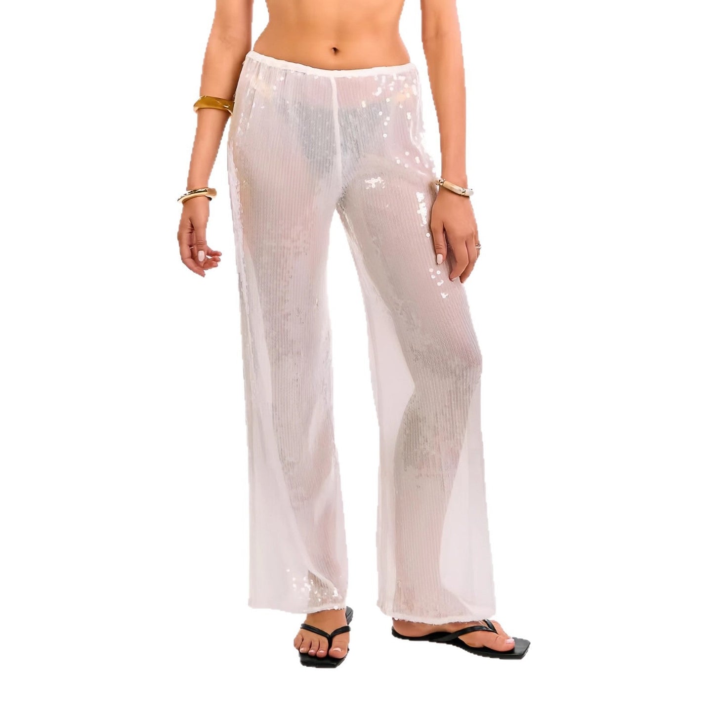 Damen Pailletten-Hose transparent Chiffon Weitschnitt
