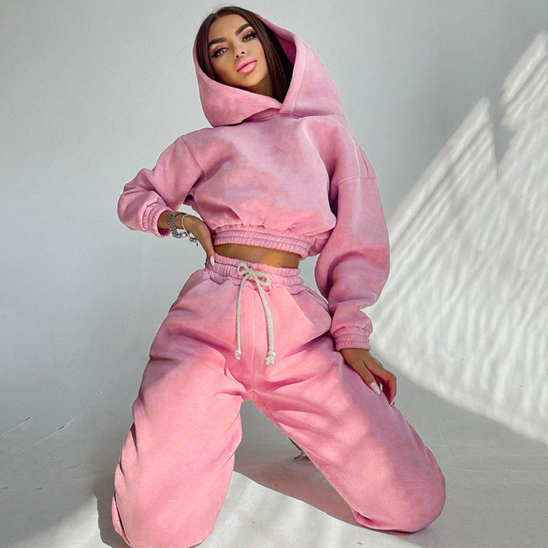 Damen Sportliches Loungewear-Set Sweatstoff Kapuze Elastisch