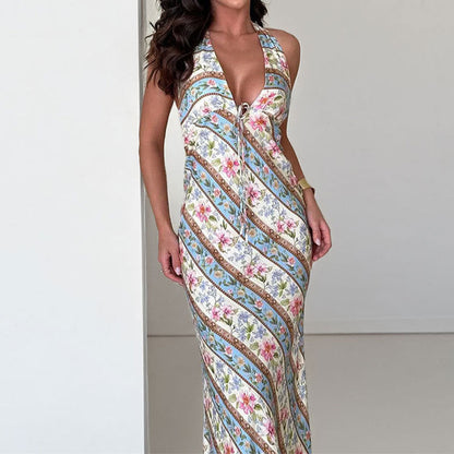 Damen Maxikleid Floralmuster Bindbarer Nacken Norvielle - Norvielle