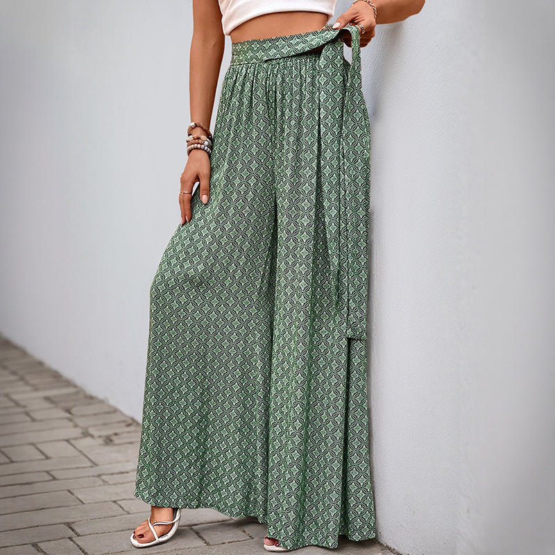 Damen Palazzo-Hose mit Bindegürtel und Print
