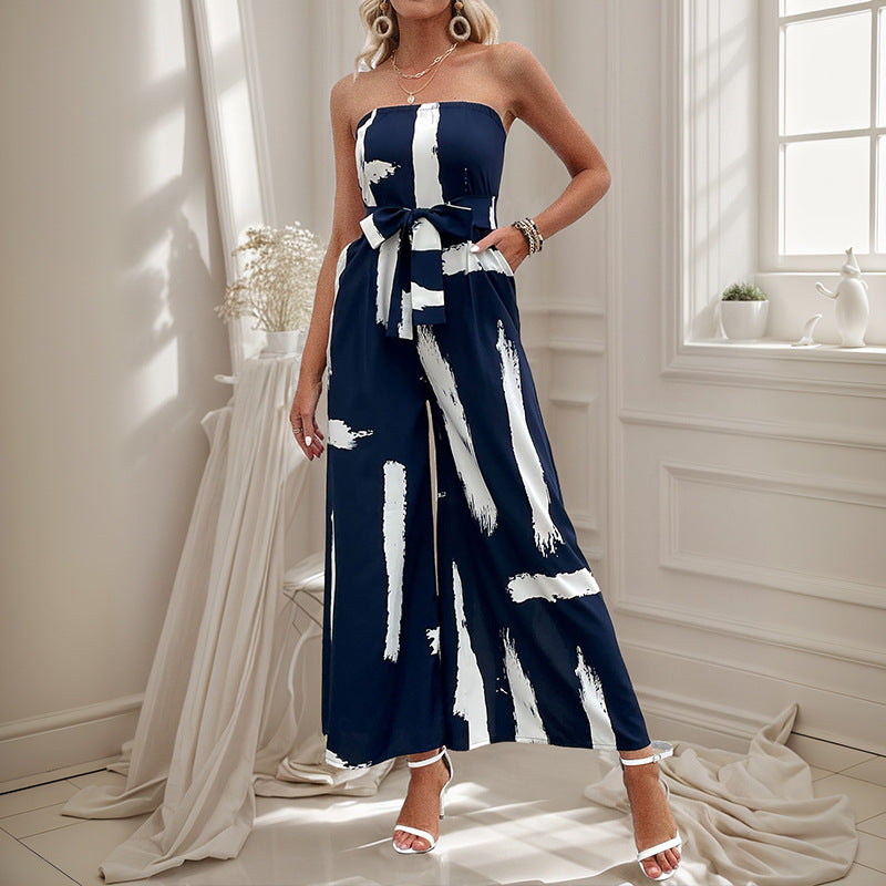 Damen Jumpsuit Schulterfrei Weites Bein Bindegürtel Norvielle