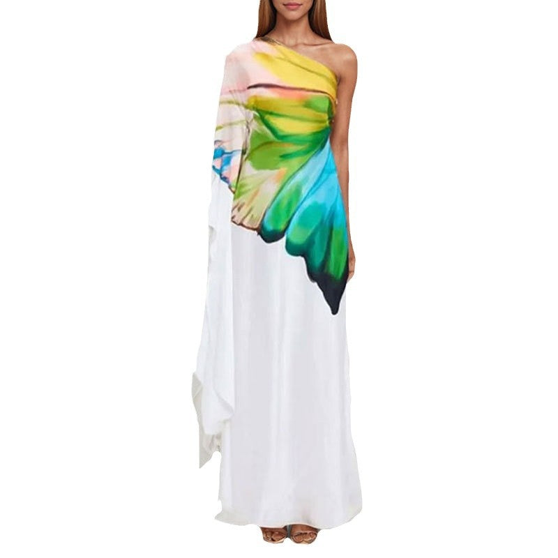 Damen Maxikleid Asymmetrisch Künstlerdruck Norvielle